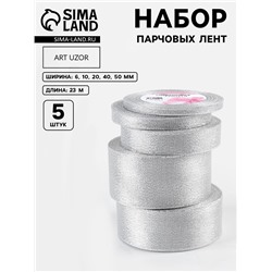 Набор парчовых лент, 5 шт., размер лент: 6/10/20/40/50 мм, 23±1 м, цвет серебряный