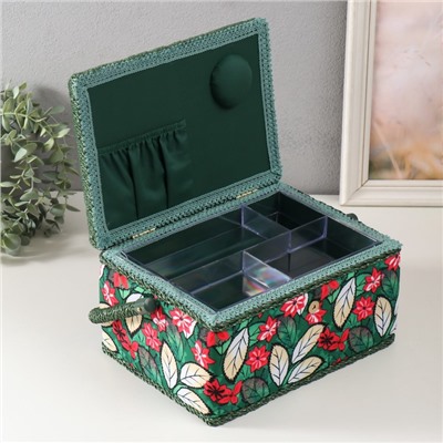 Шкатулка для рукоделия и шитья «Пуансеттия на зелёном», хранение ниток, иголок, мелочи, 19×26×14.5 см