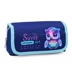 Пенал "Happy Owl" 20,5x9,5x7 см, прямоугольный для 40 предметов, отделение на молнии, наружный карман на молнии, с верхней створкой на липучке, текстильный