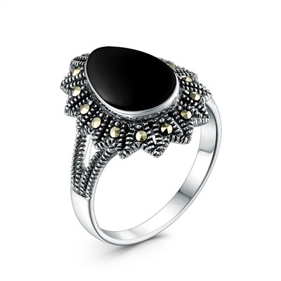 Кольцо из чернёного серебра с ониксом и марказитами 925 пробы GAR3140