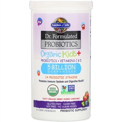 Garden of Life, Dr. Formulated Probiotics, Organic Kids +, со вкусом органических ягод и вишни, 30 вкусных жевательных таблеток