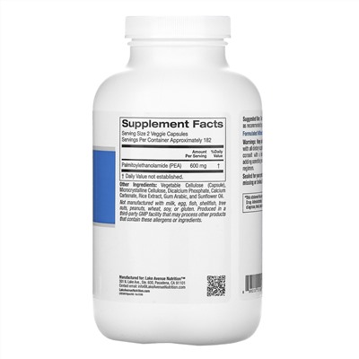 Lake Avenue Nutrition, ПЭА (пальмитоилэтаноламид), 300 мг, 365 растительных капсул