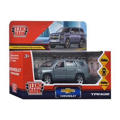 Машина металл Chevrolet Tahoe 12 см, (двери, багаж, темно серый) инерц, в коробке