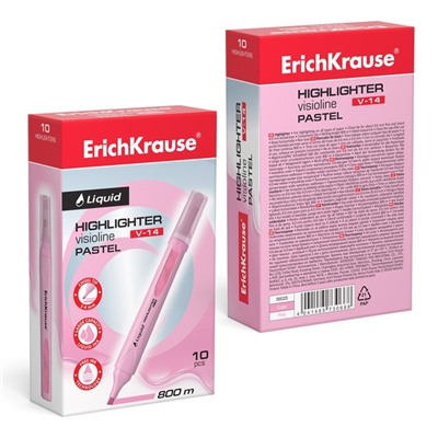 Маркер текстовыделитель ErichKrause Liquid Visioline V-14 Pastel, 0.6-4.0 мм, жидкие чернила на водной основе, розовый