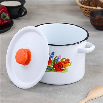 Кастрюля эмалированная «Тюльпан Май», 3.5 л, d=21 см, цилиндрическая, белая