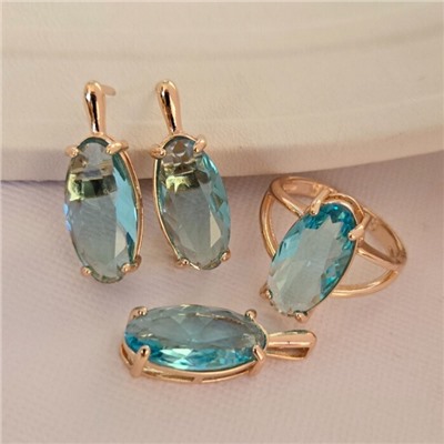 Комплект ювелирной бижутерии коллекция "Дубай"серьги, кулон и кольцо 18 р, покрытие позолота, вставка: фианит, цвет: голубой, арт.216.409-18