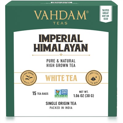 Vahdam Teas, белый чай, величественный гималайский, 15 чайных пакетиков, 30 г (1,06 унции)