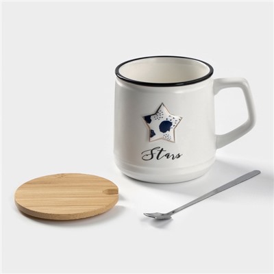 Кружка с крышкой и ложкой «Звезда», 350 мл, керамика, белая