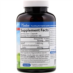 Carlson Labs, МСМ и сера, 1000 мг, 180 вегетарианских капсул