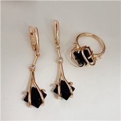 Комплект ювелирной бижутерии коллекция "Дубай" серьги и кольцо 20 р, покрытие позолота, вставка: стекло, цвет: черный, арт.414.179-20