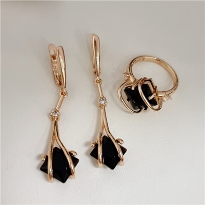 Комплект ювелирной бижутерии коллекция "Дубай" серьги и кольцо 19 р, покрытие позолота, вставка: стекло, цвет: черный, арт.414.179-19