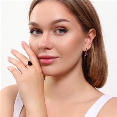 Комплект ювелирная бижутерия коллекция  "Дубай" серьги и кольцо 19 р, покрытие: позолота, вставка: фианит, цвет: черный, арт.313.085-19