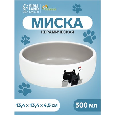 Миска керамическая «Любимые коты» 300 мл - 13.4×13.4×4 см, серая/белая