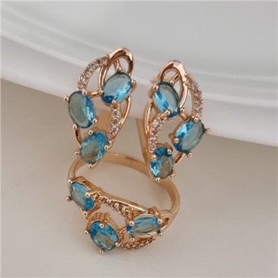 Комплект ювелирной бижутерии коллекция "Дубай" серьги и кольцо 18 р, покрытие позолота, вставка: фианиты, цвет: голубой, арт.215.520-18