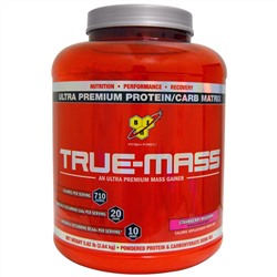 BSN, True-Mass, белково-углеводная смесь ультрапремиального качества, клубничный молочный коктейль, 2,64 кг (5,82 фунта)