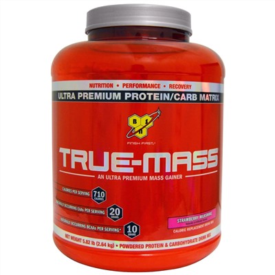 BSN, True-Mass, белково-углеводная смесь ультрапремиального качества, клубничный молочный коктейль, 2,64 кг (5,82 фунта)