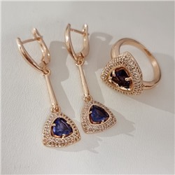 Комплект ювелирной бижутерии коллекция "Дубай" серьги и кольцо 20 р покрытие позолота, вставка: фианиты и цирконы, цвет: фиолетовый и прозрачный, арт.215.617-20