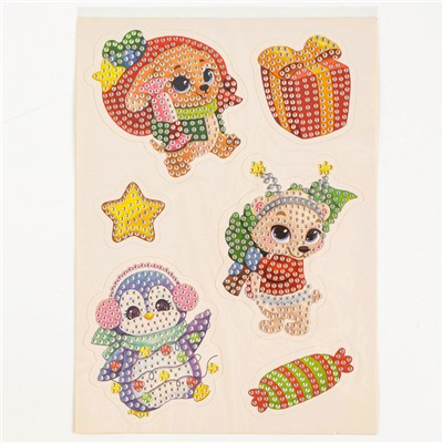 Алмазная мозаика - стикер на новый год для детей с частичным заполнением «Волшебные зверята!», набор для творчества