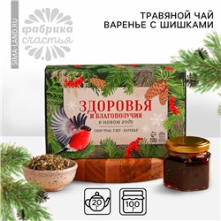 Подарочный набор новогодний «Здоровья и благополучия в новом году»: сбор трав 3 шт.×20 г, варенье из сосновых шишек 100 мл.