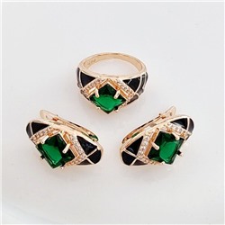 Комплект ювелирной бижутерии Дубайское золото серьги и кольцо, покрытие позолота, вставка: эмаль и фианиты, цвет: черный и зеленый, р-р 19, арт.314.460-19