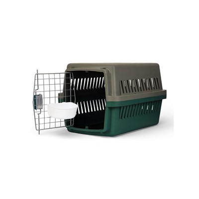 Переноска для животных, 59×36×35 см, с сеткой и чашей, пластик, серая, зелёная