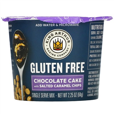 King Arthur Flour, Gluten Free, Chocolate Cake With Salted Caramel Chips, Single Serve Mix, 2.25 oz (64 g)
