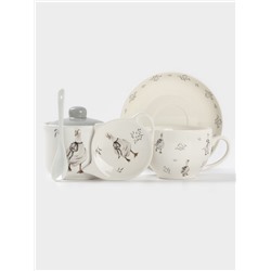 Чайная пара Доляна «Гуси», 2 предмета: чашка 250 мл, блюдце d=15 см, фарфор, белая