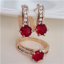 Комплект ювелирной бижутерии коллекция "Дубай" серьги и кольцо 18 р, покрытие позолота, вставка: фианиты, цвет: красный и прозрачный, арт.215.375-18
