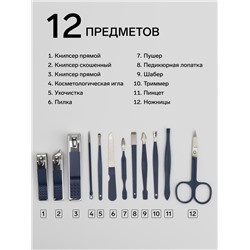 Набор маникюрный, 12 предметов, в футляре, синий