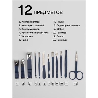 Набор маникюрный, 12 предметов, в футляре, синий