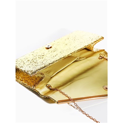 Клатч вечерний, на магните, с длинной цепочкой, блестящий, цвет золотой