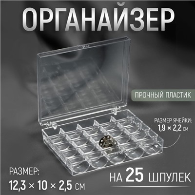 Органайзер для ниток, на 25 шпулек, 12.3×10×2.5 см, прозрачный
