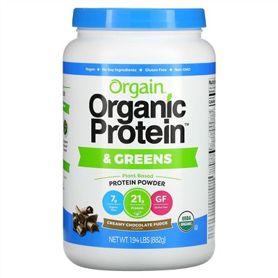 Orgain, Organic Protein & Greens, Plant Based Protein Powder, Creamy Chocolate Fudge, 1.94 lbs (882 g)