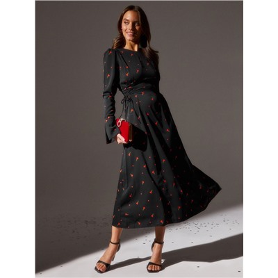 Платье с завязками на талии миди женское MINAKU Flower, размер 44, чёрное, красное