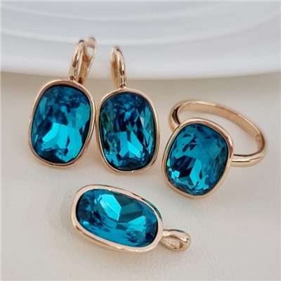 Комплект ювелирной бижутерии коллекция "Дубай" серьги, кулон и кольцо 18 р, покрытие позолота, вставка: искусственный кристалл, цвет: морская волна, арт.314.854-18