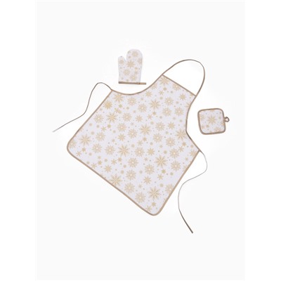 Кухонный набор «Доляна. Снежинки»: прихватка 17×17 см, варежка 26×16 см, фартук 70×80 см, золотой, 100% п/э