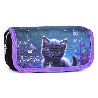 Пенал "Beautiful Cat" 20,5x9,5x7 см, прямоугольный для 40 предметов, отделение на молнии, наружный карман на молнии, с верхней створкой на липучке, плотный износостойкий полиэстер с водоотталкивающей пропиткой