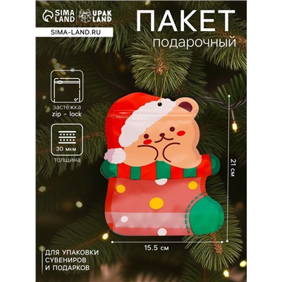 Пакет подарочный новогодний, фигурный «Мишка с колпаком», с zip - lock застежкой, 21×15.5 см