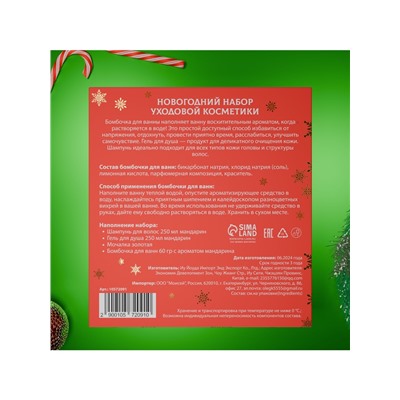 Новогодний подарочный набор косметики SB BEAUTY, шампунь, гель для душа, бомбочка, мочалка, с ароматом мандарина