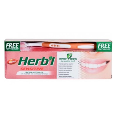 Dabur Herb'l Sensitive Toothpaste with Toothbrush/Дабур Зубная Паста для Чувствительной Эмали Натуральная + Зубная Щётка Ср. Жесткости 150г.