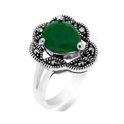 Кольцо из серебра зеленый агат, марказит, SL-AGA1629