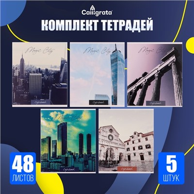 Набор тетрадей, 48 листов в клетку Calligrata «Города», серые листы, 5 штук