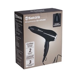 Фен Sakura SA-4052BK, 2400 Вт, 1.8 м, 3 температурных режима, 2 скорости, сушка холодным воздухом