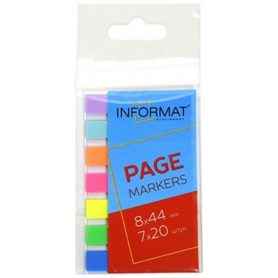 Закладки с клеевым краем 44х8 мм 7цв х 20шт пластиковые, ассорти неон IFZP844-7N inФОРМАТ