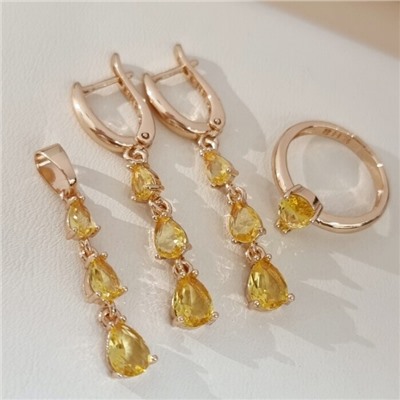 Комплект ювелирной бижутерии коллекция "Дубай" серьги, кулон и кольцо 19 р, покрытие позолота, вставка: фианиты, цвет: желтый, арт.414.303-19
