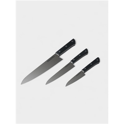 Набор кухонных ножей Magistro Hinshitsu, 3 шт. овощной, универсальный, шеф, нержавеющая сталь, чёрный