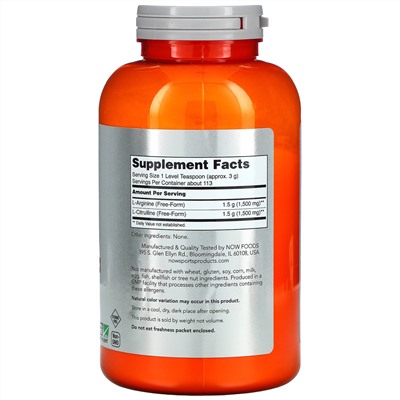 Now Foods, Sports, аргинин и цитруллин в форме порошка, 340 г (12 унций)