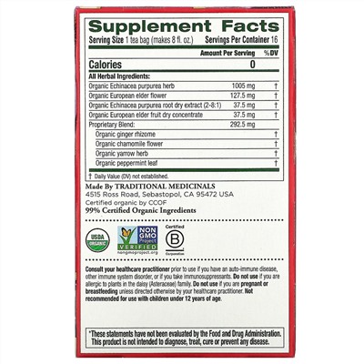 Traditional Medicinals, Organic Echinacea Plus, бузина, без кофеина, 16 чайных пакетиков в упаковке, 24 г (0,85 унции)