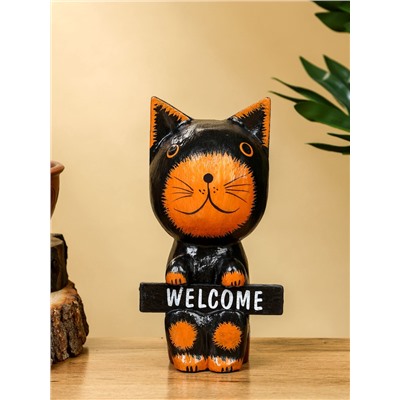 Сувенир «Кот с табличкой WELCOME», 10×7×16 см, дерево, чёрно-рыжий
