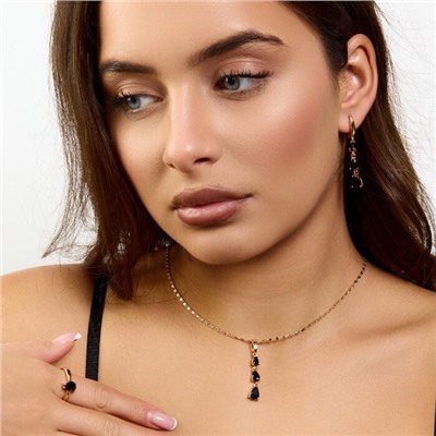 Комплект ювелирной бижутерии коллекция "Дубай" серьги, кулон и кольцо 20 р, покрытие позолота, вставка: фианиты, цвет: черный, арт.414.314-20